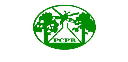 Oval outlined in green on a white background. A silhouette of a green tree is on either side of the oval. Green lines coming from the base of each tree form the shape of a conical flask with a large green mosquito above the flask and the letters PCPB at the base of the flask.